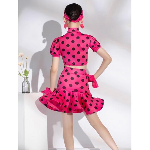 Girls hot pink polka dot latin ballroom dance dresses for kids children salsa ballroom two ways wearing 3pieces in one set stage performance costumes for children